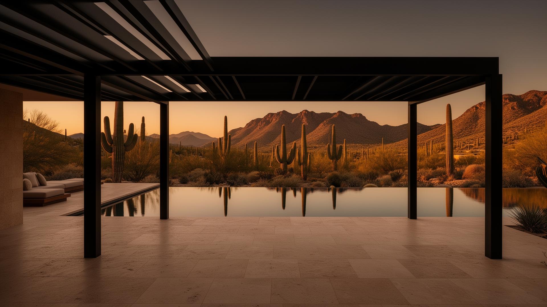 Luxury desert backyard at golden hour with modern pergola in Scottsdale